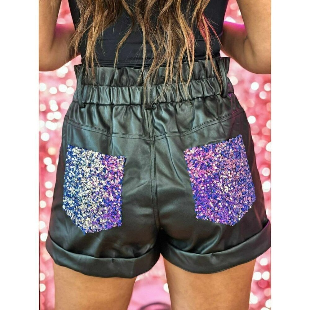Stole The Show Vegan Leather Sequin Shorts in Black - Picture 3 of 8
